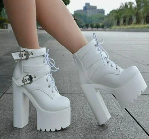 Lady's Ankle Boots Pumps Platform High Block Heels Lace Up Punk Shoes Clubwear - Picture 1 of 11