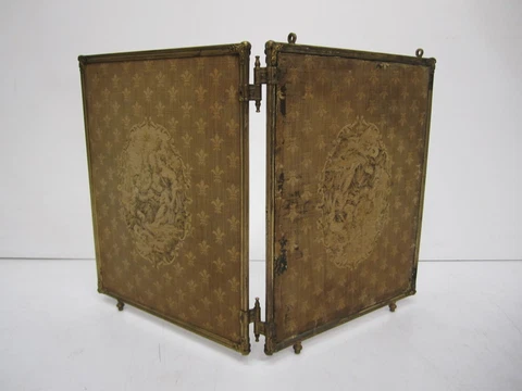 Antique Victorian Bi Fold 2 Panel Hanging Folding Mirror Vanity Fabric & Brass Cover