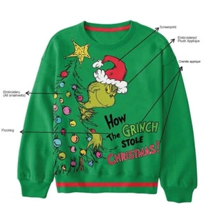 Grinch Kids Sweatshirt Size XL (14/16) Embroidered Flocking NEW - Picture 1 of 10