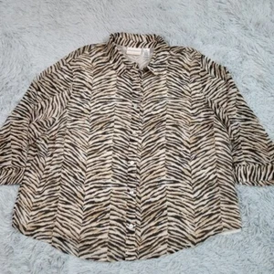 Alfred Dunner Womens Shirt Biege Plus 20W Button Up Sheer Leopard Cheetah Animal - Picture 1 of 12