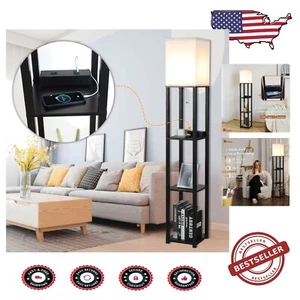 Sleek Tall Floor Lamp with USB Ports & Decorative Storage Shelves - Picture 1 of 9