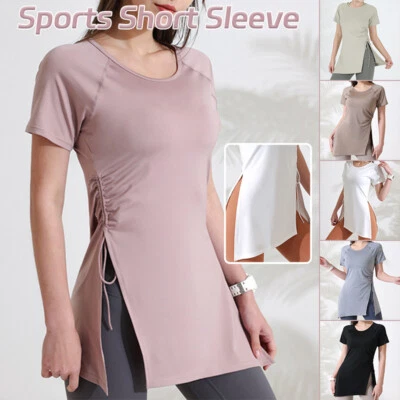 Mujeres Camisas de Entrenamiento Manga Corta Yoga Fitness Cordón Lateral Dividido Deportes Top Foto 1 de 4