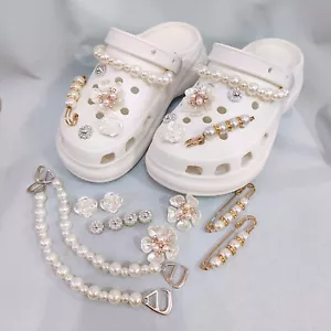 Rhinestone Pearl Floral Chain Shoe Charms Girls DIY Accessories For Croc Shoes - Picture 1 of 6