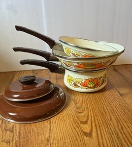 Vintage Sanko Ware Pans Country Flowers Enamel Cookware 5 Pc Set Japan Retro - Picture 1 of 23