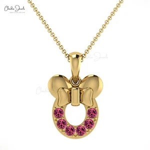 Natural Pink Tourmaline 2mm Round Cartoon Mickey Mouse Pendant In 14k Solid Gold - Picture 1 of 22