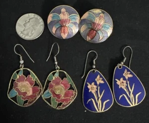 Vintage Cloisonne Enamel Earrings 3 Pair Lot Wire & Post Iris Tiger Lily Peony - Picture 1 of 6
