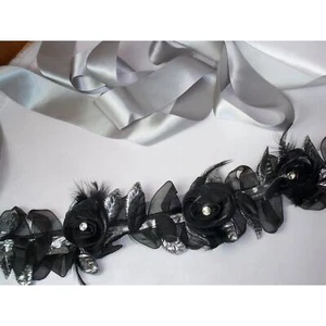 Black Bridal Wedding Belt Sash Rhinestone Feather Belt, Silver Black sash - Picture 1 of 4