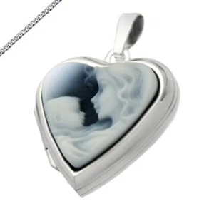 Medaillon Herz mit Gemme Mutter und Kind blau Amulett Gravur Kette 925 Silber - Bild 1 von 10