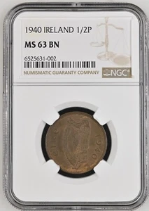 1940 IRELAND 1/2 PENNY NGC MS63 BN RARE KEY DATE NGC ONLY 3 FINER - Picture 1 of 2