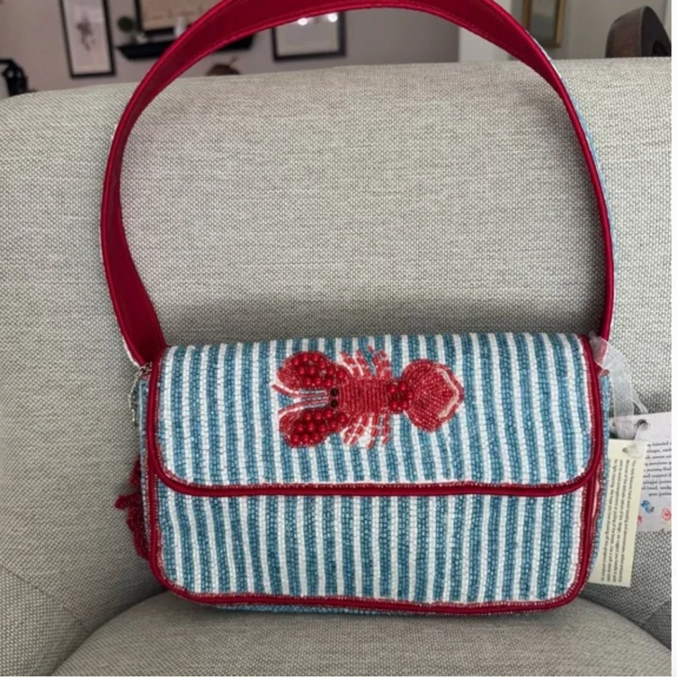Lobster Blue Striped Beaded Bag Handcrafted in India w Lobster Charm Viral NWT - Image 1 of 1