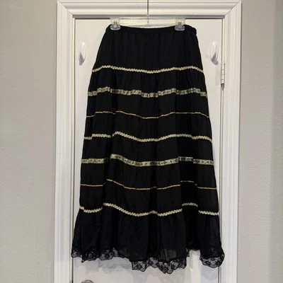 Maxi Falda Vintage En Niveles Talla L Negra Dorada Metálica Encaje Boho Gitana Campesina Foto 1 de 4