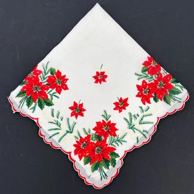 Red Poinsettia Christmas Wedding Handkerchief Holiday Bridesmaid Cottagecore 60s - Image 1 of 4