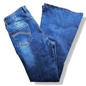 Bambus Schlagjeans Strass verziert High Waist Gr. 11 [28] x30 dunkle Waschung 70er - Bild 1 von 12