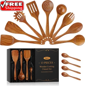 Wooden Spoons for Cooking &#8211; Wooden Utensils for Cooking Set with Holder, S - Picture 1 of 5