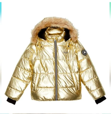 Hurley girls metallic gold and black winter puffer jacket faux fur lined - Image 1 of 2