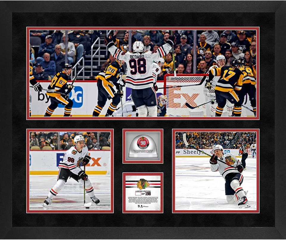 Connor Bedard Blackhawks Framed NHL Debut 20x24 3-Photo Collage w/GU Ice-LE 198 - Image 1 of 1