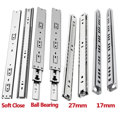 17mm/27mm/45mm Ball Bearing Drawer Runners Slides Heavy Duty Metal Grooved Rails - Image 1 of 4