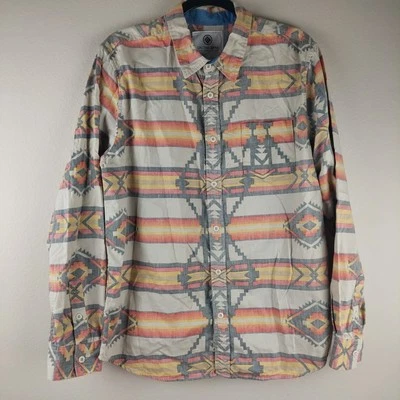 Camisa On The Byas grande tribal geométrica bege laranja preta algodão - Imagem 1 de 4