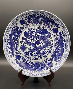 Antike 1736 - 1795? Chinesische Porzellan Qianlong Mark blau & weiß Drache Schale - Bild 1 von 6