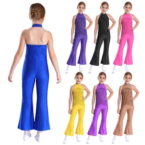 Kids Girls Bodysuit Fringed Rompers Disco Leotard Latin Overalls Halter Dance - Picture 1 of 70
