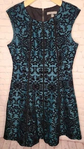 Danny and Nicole Velvet Teal Black Damask Fit Flare Sleeveless Dress Women 12 - Picture 1 of 9