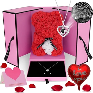 Valentines Day Gifts for Her, Rose Bear Teddy with Box I Love You Necklace, Wife - Picture 1 of 11