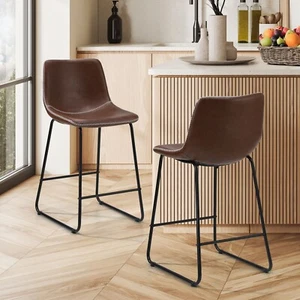 Oikiture 2x Bar Stools Kitchen Dining Chairs Leather Padded Stool Brown - Picture 1 of 10