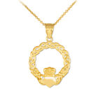 10K Solid Gold Classic Braided Claddagh Pendant Necklace 