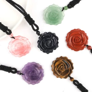 Natural Gems Crystal Carved Rose Flower Pendant Necklace Chakra Reiki Women Gift - Picture 1 of 29