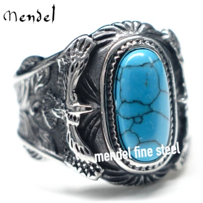 Anillo de piedra turquesa águila motociclista grande de acero inoxidable para hombre MENDEL talla 7-15 Foto 1 de 4