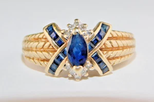 10K Gold 15 Dark Blue Sapphire Stones & 10 Diamonds Ring Size 7.5 -3.2 Gram SDX - Picture 1 of 16