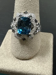 Sterling Silver, Blue Topaz & Diamond Cocktail Ring - Size 10 - Picture 1 of 7