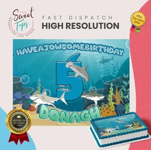 Great White Shark Personalised Rectangle Edible Birthday Cake Topper Decoration - Picture 1 of 7