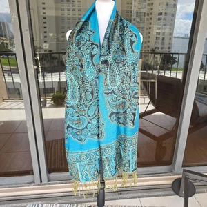 Pashmina Türkis und Gold Paisley Seide Halstuch - Bild 1 von 8