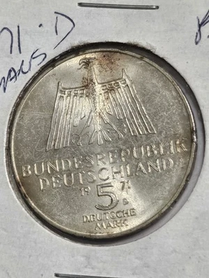 1971 D Germany German 5 Five Mark Coin SILVER .625 Albrecht Durer Commemorative - Image 1 of 4