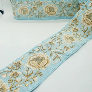 1m 7,5cm Himmelblau Tiefgold Indische Blume Sari Bordüre Borte Band Zopf - Bild 1 von 2