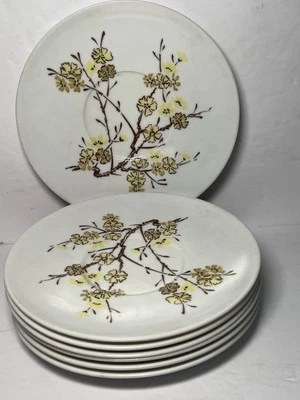 7 Texas Ware Saucers Melamine Yellow Blossom Brown White Tea Coffee E-5 Retro - Image 1 of 4
