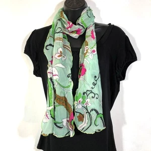 Green Floral Scarf, Sheer Pink White Brown Colorful Office, Retro Vintage - Picture 1 of 8