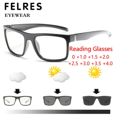 Square Sports Photochromic Reading Glasses Men Driving Shade Sunglasses Readers - Image 1 of 4
