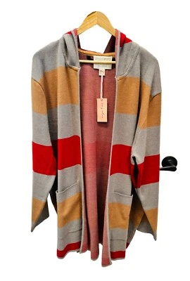 Novo com etiquetas Evy's Tree Amelia 1X Plus Capuz Espanador Cardigã Suéter Camelo Listras Vermelhas Novo - Imagem 1 de 4