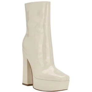 Guess Womens Byra Ivory Patent Square Toe Block Heel Mid-Calf Boots Shoes 8New - Picture 1 of 9
