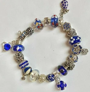 ❤️ Authentic PANDORA Silver BRACELET w/ Navy European Charm Beads Pandora Box❤️ - Picture 1 of 6