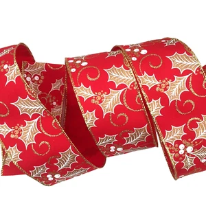 Red & Gold Holly Berry Christmas Wired Ribbon Bows,Wreaths,Crafts,Tree 1 Yard - Picture 1 of 5