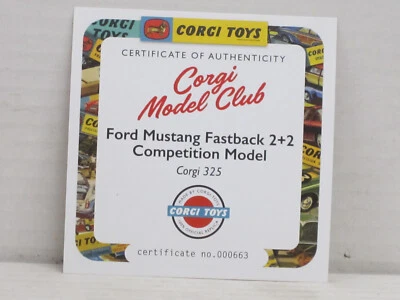 Zertifikat / Certificate of Authenticity Ford Mustang Comp. Corgi 325 Re-Issue - Bild 1 von 2