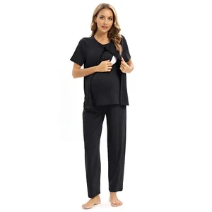 2PCS Women Nursing Pajamas Pregnant Mother Short Sleeve Loungewear Black Size-S - Picture 1 of 8