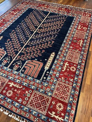 Небольшой шерстяной ковер ручной вязки Gabbeh Tribal Afghan темно-синий дерево жизни 8x10 - Изображение 1 из 4