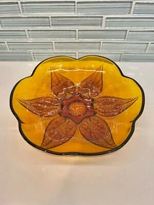 Vintage Anchor Hocking Blumenform Bernstein Schüssel mit Blatt Detail Boden, 7 1/2" - Bild 1 von 9