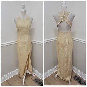 VTG Y2K Roberta Gold Metallic Sequins Halter Maxi Dress/Front Slit - Picture 1 of 12
