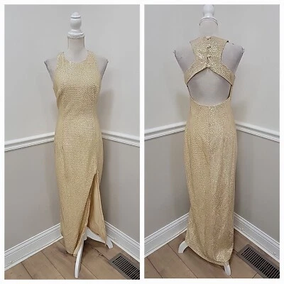 VTG Y2K Roberta Gold Metallic Sequins Halter Maxi Dress/Front Slit  - Image 1 of 4