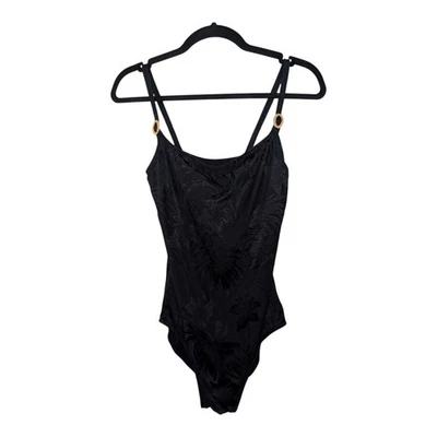Longitude Size 16 Black On Black Floral Textured One Piece Swimsuit Gold Accent - Image 1 of 4
